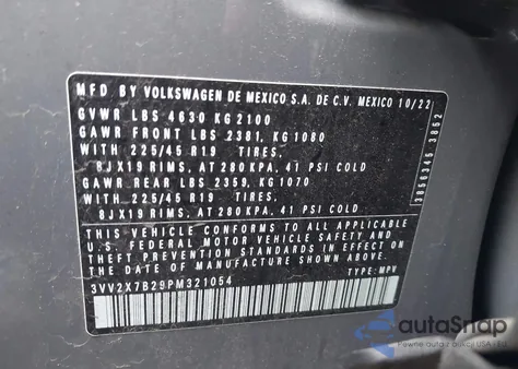 2023 Volkswagen Taos 1.5T Sel z USA, uszkodzony, nr VIN 3VV2X7B29PM321054